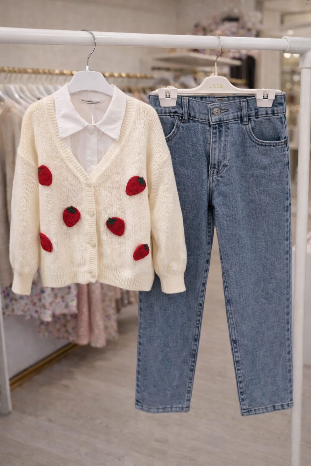 Alya çilekli hırka , gömlek ve kot pantolunlu takım