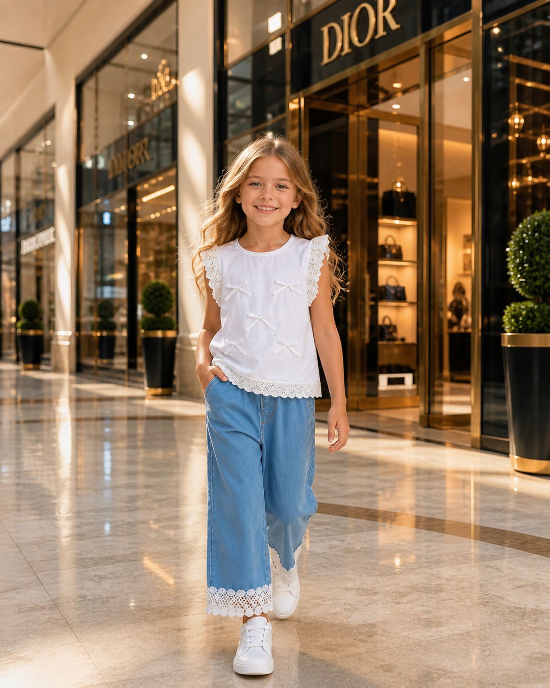 ALYA KIZ DANTEL VE FİYONK DETAYLI TSHİRT , RAHAT KESİM JEAN PANTOLON