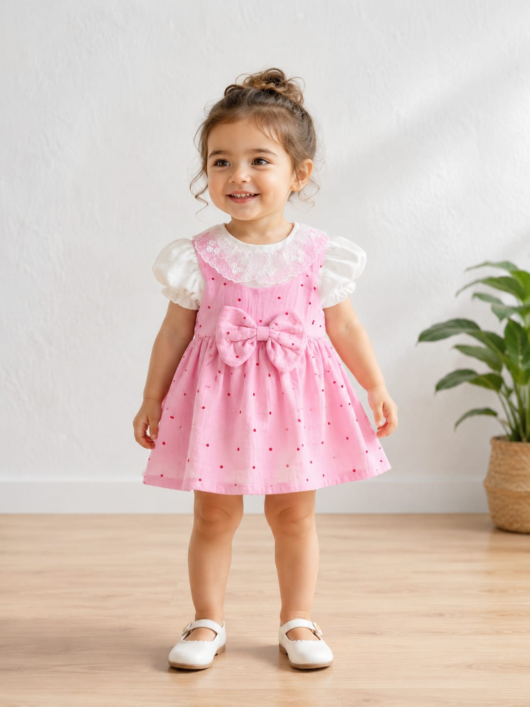 Alya beyaz kısa kollu tişört ve pembe puantiyeli kanatlı kız bebek elbise
