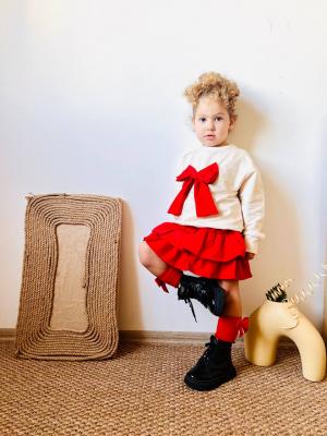 kırmızı, taşlı, fiyonk detaylı fırfırlı etekli takim